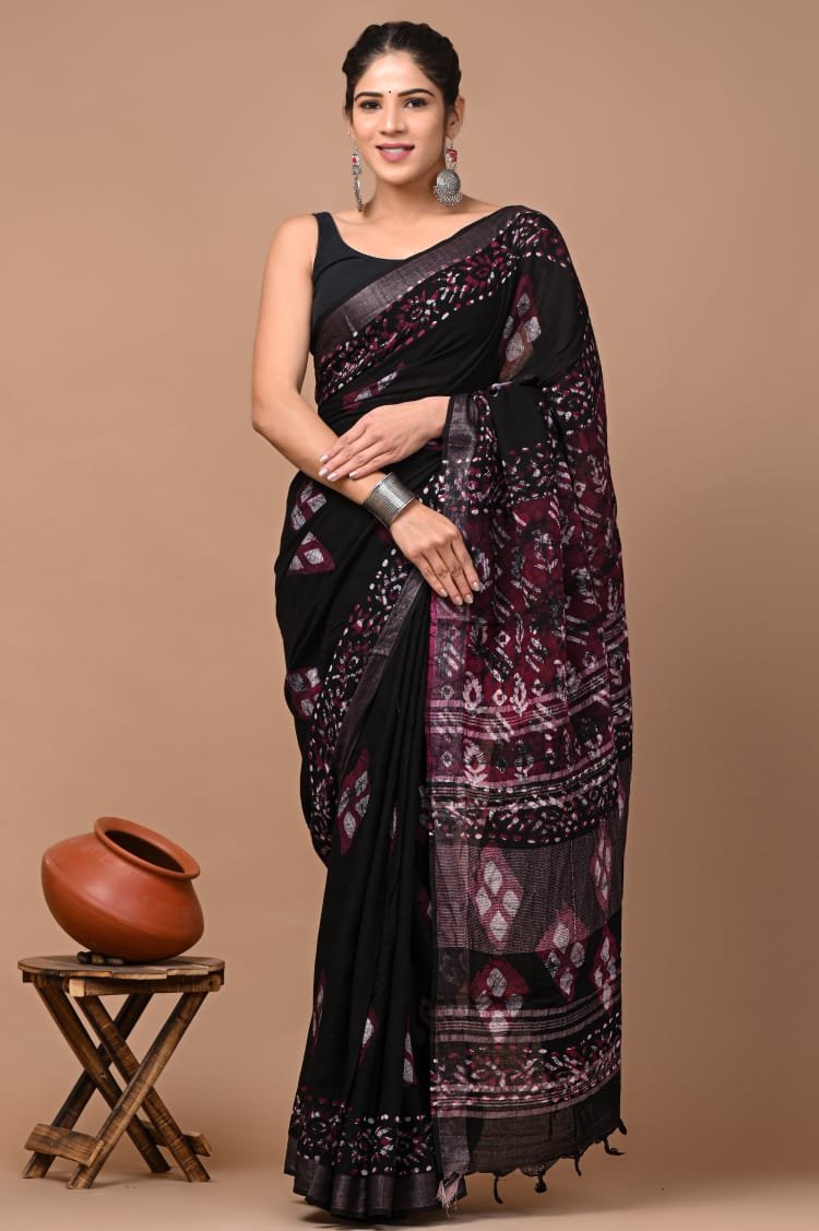 Hand Block Printed Linen Saree with Blouse